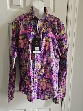 CIGAR Men's Purple Paisley Plaid Button-Down Shirt by